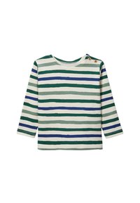 Chemise à manches longues couleur crème avec des rayures horizontales vertes et bleues. Présente des boutons décoratifs à l'épaule et un tissu doux et texturé.