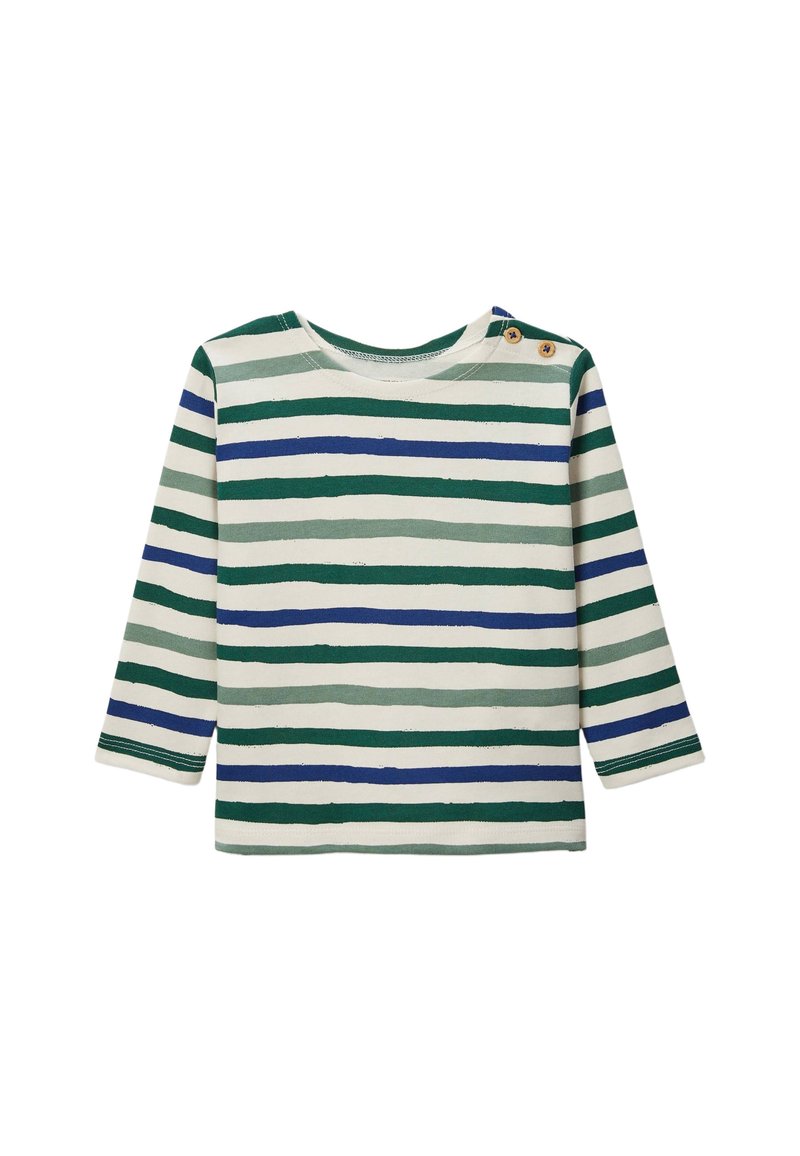 Chemise à manches longues couleur crème avec des rayures horizontales vertes et bleues. Présente des boutons décoratifs à l'épaule et un tissu doux et texturé.