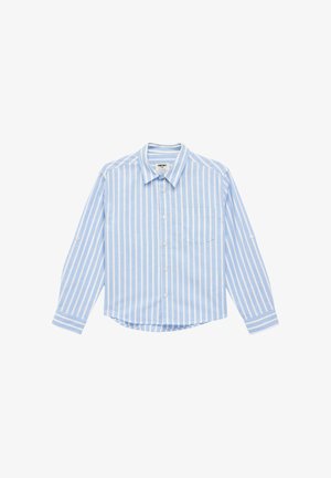 Lichtblauw overhemd met lange mouwen en verticale witte strepen, knoopsluiting aan de voorkant, enkele borstzak en mouwboorden. Zachte stoftextuur.