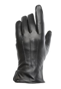 Juodas odinis pirštinės modelis su penkiais pirštais, siuvinėjimo detalėmis, lygiu paviršiumi ir suapvalintu rankogaliu, kuriame yra subtilus metalinis akcentas.