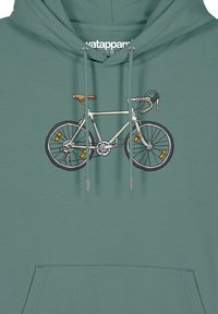 Türkise Kapuzenjacke mit einem Grafikdesign eines Fahrrads, das einen beigen Rahmen, einen braunen Sattel, schwarze Räder und schwarz-weiße Lenker zeigt.