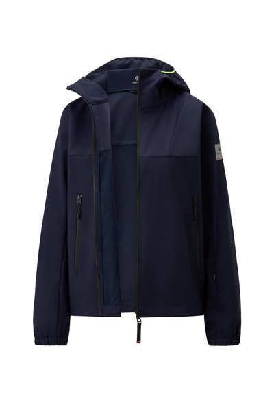 Navy waterproof jacket with a hood, zippered pockets, elastic cuffs, and a smooth texture. Features ventilated lining and reflective accents.