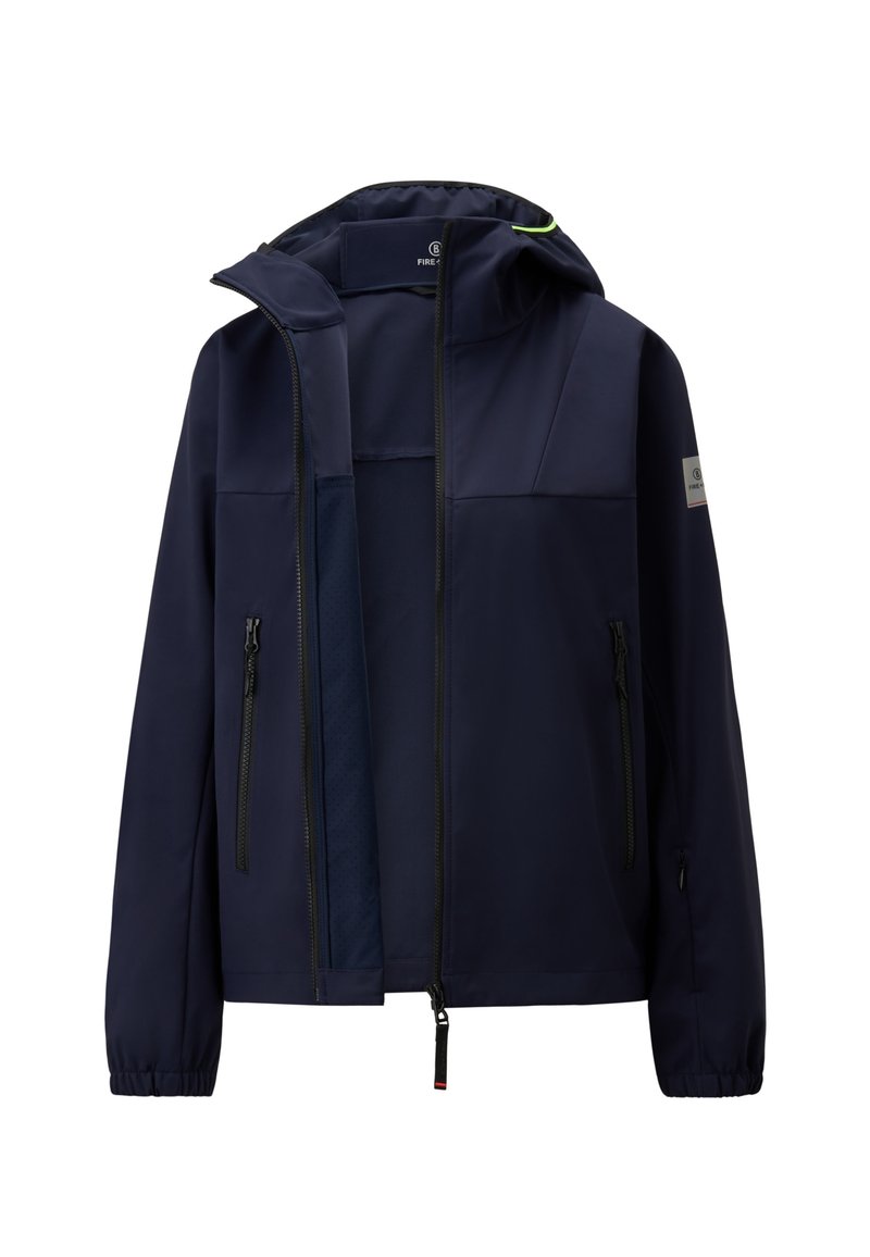 Marineblaue wasserdichte Jacke mit Kapuze, mit Reißverschluss versehenen Taschen, elastischen Bündchen und einer glatten Textur. Verfügt über ein belüftetes Innenfutter und reflexierende Akzente.