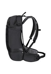 Schwarzer Rucksack mit Netzrücken, verstellbaren Trägern und zwei vorderen Schnallen. Verfügt über Seitenfächer und gepolsterte Unterstützung. Die Kapazität beträgt 20L.