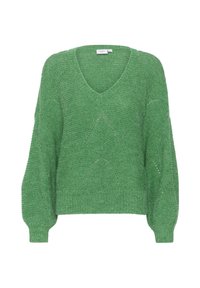 Zielony sweter robiony na drutach z dekoltem w serek, luźnym krojem i objętościowymi rękawami. Ma fakturowane wzory i miękki, puszysty materiał.