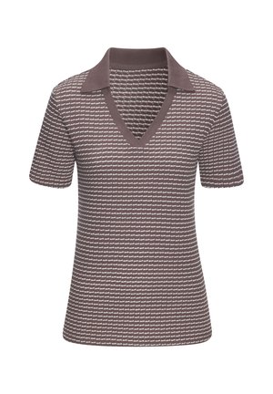 Korte mouwen V-hals top in bruin met een gestructureerd patroon. Heeft een contrasterende kraag. Gemaakt van rekbare stof voor een comfortabele pasvorm.