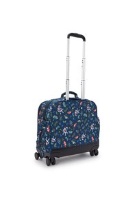 Zaino a ruote a doppio scomparto in tessuto blu navy con motivi colorati a tema spaziale e base in plastica nera; dotato di manico estensibile argentato e ruote.