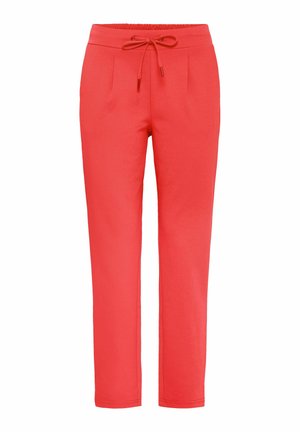 Pantalons de jogging rouges en tissu doux, dotés d'une taille élastique avec cordon de serrage, de deux poches avant et d'une coupe droite.