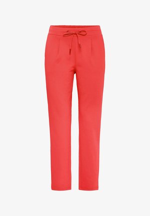 Raudoni sportiniai džinsai, pagaminti iš minkštos medžiagos, su elastingu juosmeniu ir raišteliu, dviem priekinėm kišenėm ir tiesiomis kojom.