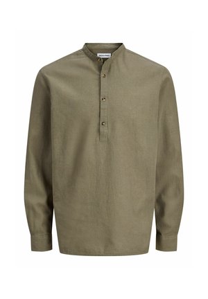Long-sleeve olive green shirt with mandarin collar and three-button placket, featuring a relaxed fit and cuffed sleeves.