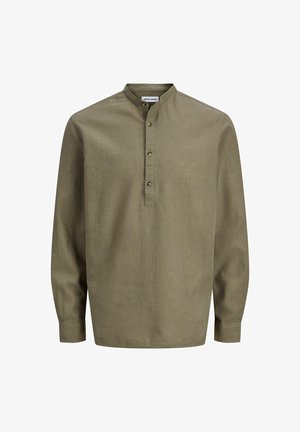 Long-sleeve olive green shirt with mandarin collar and three-button placket, featuring a relaxed fit and cuffed sleeves.