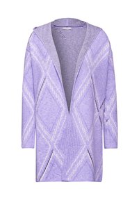 Lichtpaarse cardigan met een gestructureerde brei en diamantmotieven. Het heeft een capuchon en een open voorkant met lange mouwen.