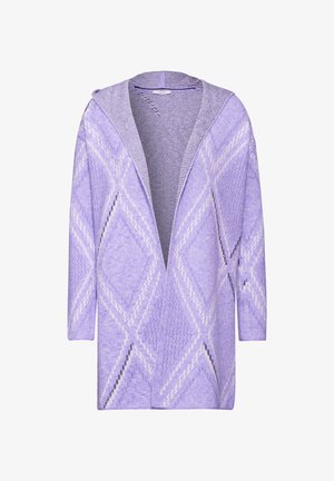 Helles lila Strickjacke mit strukturiertem Strick und Rautenmuster. Sie verfügt über eine Kapuze und einen offenen Frontbereich mit langen Ärmeln.
