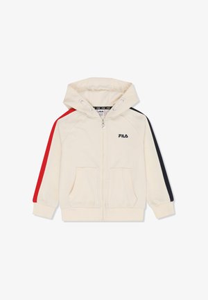 Crèmekleurige hoodie met ritssluiting, rode streep op de linkerarm, zwarte streep op de rechterarm, zakken aan de voorkant en FILA-logo op de borst.