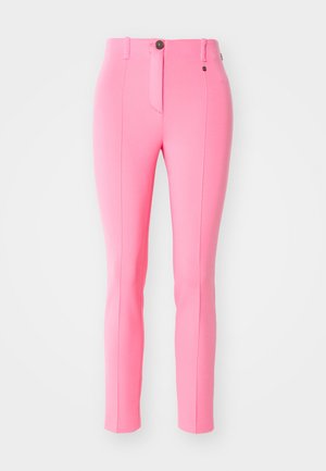Rosa maßgeschneiderte Hose aus dehnbarem Stoff, mit vorderem Knopfverschluss, schmaler Passform und vertikalen Nähten für einen schlanken Look.
