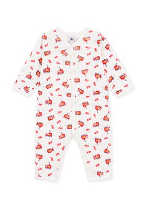 Weißer Baby-Body mit langen Ärmeln und rotem Feuerwehrauto- und Hydranten-Muster, Frontreißverschluss und rundem Halsausschnitt.