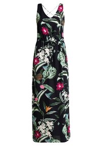 Vestido maxi de tela negra con un patrón floral en rosa, blanco y verde, con cintura ceñida y tirantes cruzados en el escote.
