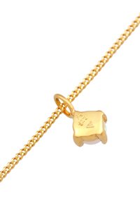 Goldkette mit quadratischem Anhänger und einer perlenähnlichen Verzierung in der Mitte. Der Anhänger hat eine glatte Textur und ein geometrisches Design.