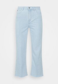 Vaaleansiniset farkkuleggingsit, joissa on korkea vyötärö, raakareuna ja etutaskut. Kangas on sileäpintainen ja hieman joustava.