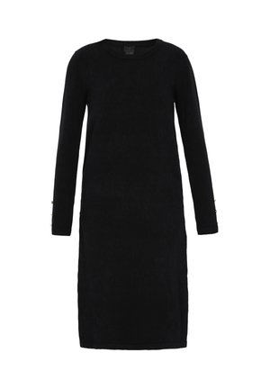 Black long-sleeve dress with a round neckline and fitted silhouette. Features gold-button accents on sleeve cuffs. Soft fabric texture.