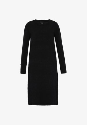 Zwart lange mouwen jurk met een ronde halslijn en aansluitende silhouette. Kenmerkt zich door goudkleurige knoopdetails op de mouwboorden. Zachte stof textuur.