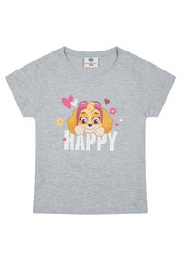 Camiseta de algodón gris con un perro de dibujos animados que lleva gafas rosas y la palabra "HAPPY" en letras blancas gruesas, rodeada de corazones y flores coloridas.