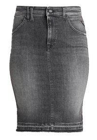 Šedá denimová tužková sukně se přiléhavým střihem, střední délky, zapínání na horní knoflík, přední kapsy a jemné vyblednutí látky.