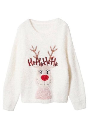 Suéter blanco y peludo con la cara sonriente de un reno, nariz roja, astas marrones y texto "HoHoHo" con lentejuelas rojas encima de la cabeza.