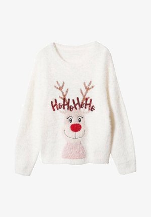 Biały, puszysty sweter z uśmiechniętą twarzą renifera, czerwonym nosem, brązowymi porożami i czerwonymi cekinami tworzącymi napis "HoHoHo" nad głową.