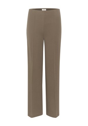 Brown trousers made of smooth fabric, featuring a straight leg design with a flat waistband and no visible hardware or accents.