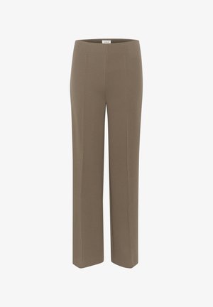 Brown trousers made of smooth fabric, featuring a straight leg design with a flat waistband and no visible hardware or accents.