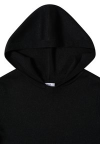 Felpa nera con cappuccio realizzata in tessuto morbido, caratterizzata da una texture liscia e un design semplice. È visibile l'interno del cappuccio.