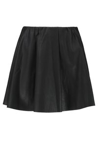 Jupe en cuir noir avec un design évasé, plis à la taille et texture lisse et brillante. Aucune fermeture visible ni détails supplémentaires.