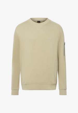 Felpa color kaki chiaro con collo a barco, maniche lunghe, polsini a costine, tasche laterali e una tasca con zip sulla manica sinistra.