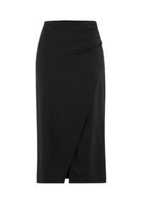 Jupe crayon noire en tissu lisse. Elle dispose d'une taille drapée et d'un design enveloppé à l'avant avec un ourlet au genou.