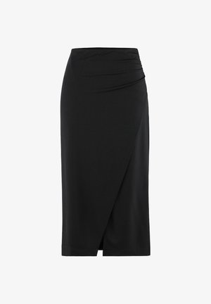 Gonna a matita nera realizzata in tessuto liscio. Presenta una vita drappeggiata e un design avvolto nella parte anteriore con un orlo fino al ginocchio.