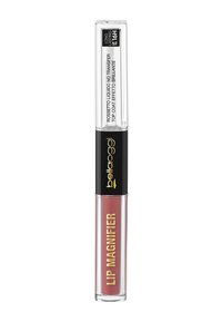 Lip magnifier liquido in un tubo rettangolare trasparente. Presenta un tappo nero e testo dorato. Il colore appare come una sfumatura rosa opaca.