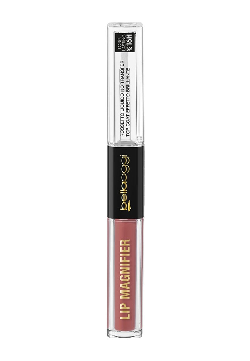 Lip magnifier liquido in un tubo rettangolare trasparente. Presenta un tappo nero e testo dorato. Il colore appare come una sfumatura rosa opaca.