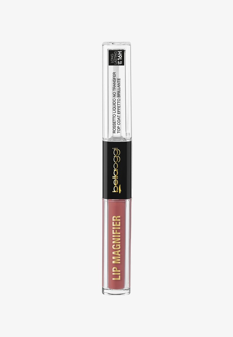 Lip magnifier liquido in un tubo rettangolare trasparente. Presenta un tappo nero e testo dorato. Il colore appare come una sfumatura rosa opaca.
