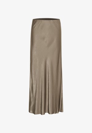 Langer, fließender Rock aus einem metallischen beigen Stoff mit glatter Textur und einem schlichten, klaren Design. Verfügt über einen elastischen Bund.