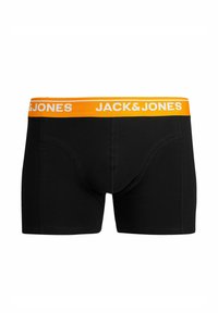 Sorte bomuldsboxershorts med en klar orange elastik i taljen, hvor der står "JACK & JONES" trykt i hvidt. Sømløst design og tætsiddende pasform.