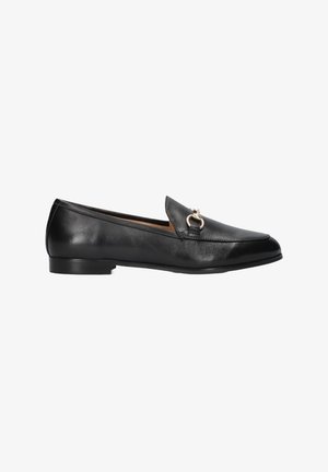 Black leather loafer with a flat sole, pointed toe, and decorative metallic accent on the front, featuring a smooth, shiny texture.