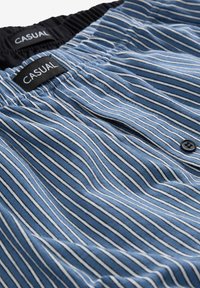 Due paia di pantaloni corti casual in cotone a righe, uno blu con righe bianche e nere con chiusura a bottone, l'altro con vita nera visibile sul retro.