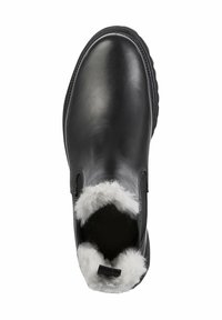 Schwarze Lederknöchelstiefel mit runder Zehenform, ausgestattet mit einem weichen weißen Kunstfellkragen und elastischen seitlichen Einsätzen für einfaches An- und Ausziehen.