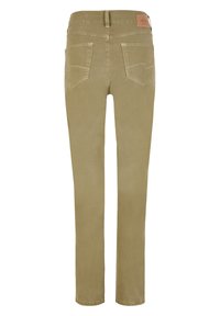 Beige corduroy trousers with a slim fit, featuring two back pockets and a leather patch on the waistband. Smooth texture and straight legs.