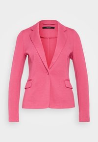 Blazer rosa con un design strutturato, revers a punta, due tasche frontali e una trama liscia. Maniche lunghe e chiusura a un bottone.