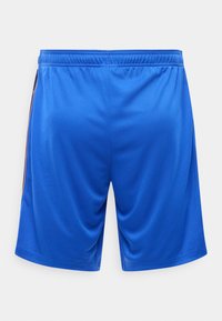 Μπλε αθλητικό σορτς με ελαστική μέση και διακριτικές πλαϊνές ρίγες, απεικονισμένα σε απλό ανοιχτό φόντο.