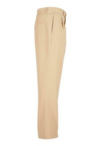 Beige plissee Hosen mit geradem Schnitt, aus glattem Material, mit einem Bund und seitlichen Taschen. Keine sichtbaren Muster oder Metallteile.