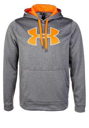 Grauer Kapuzenpullover mit oranger Innenfütterung und Kordeln, mit großem orange-weißem Under Armour-Logo auf der Brust.