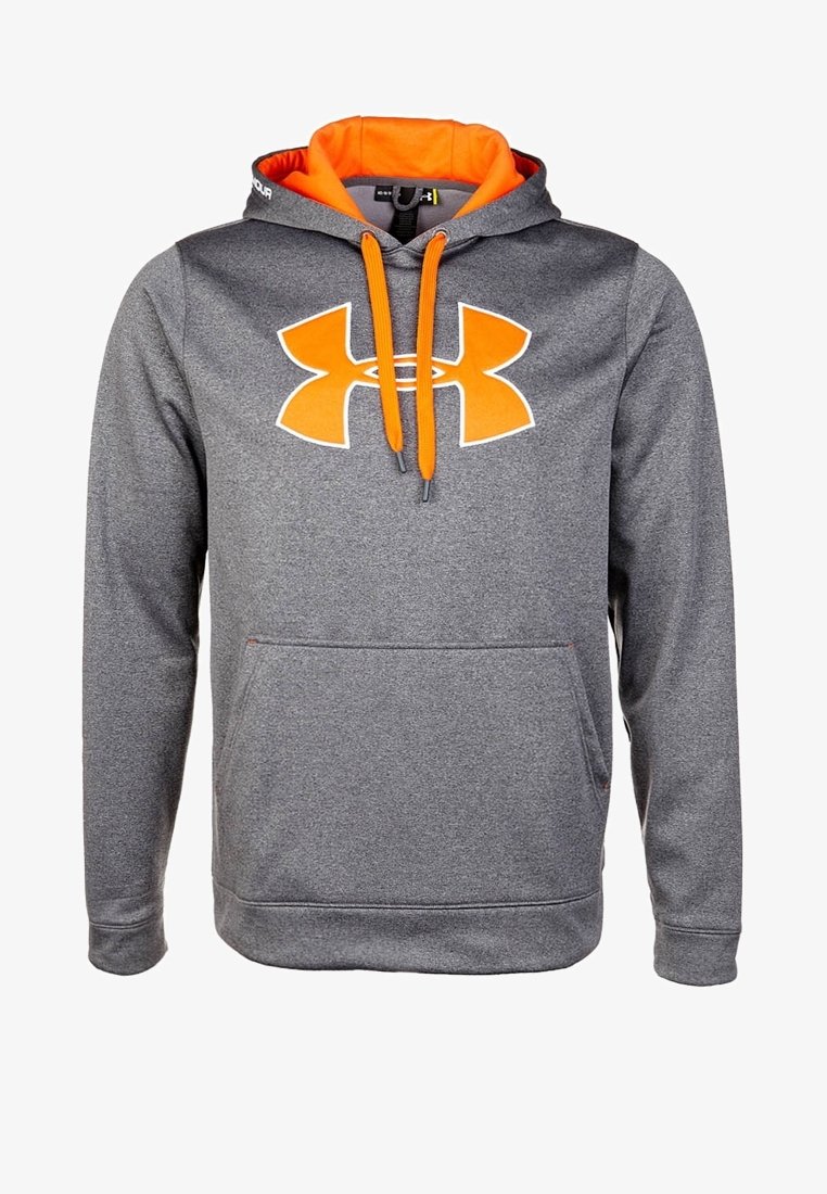 Sweat à capuche gris avec doublure orange et cordons, avec un grand logo Under Armour orange et blanc sur la poitrine.
